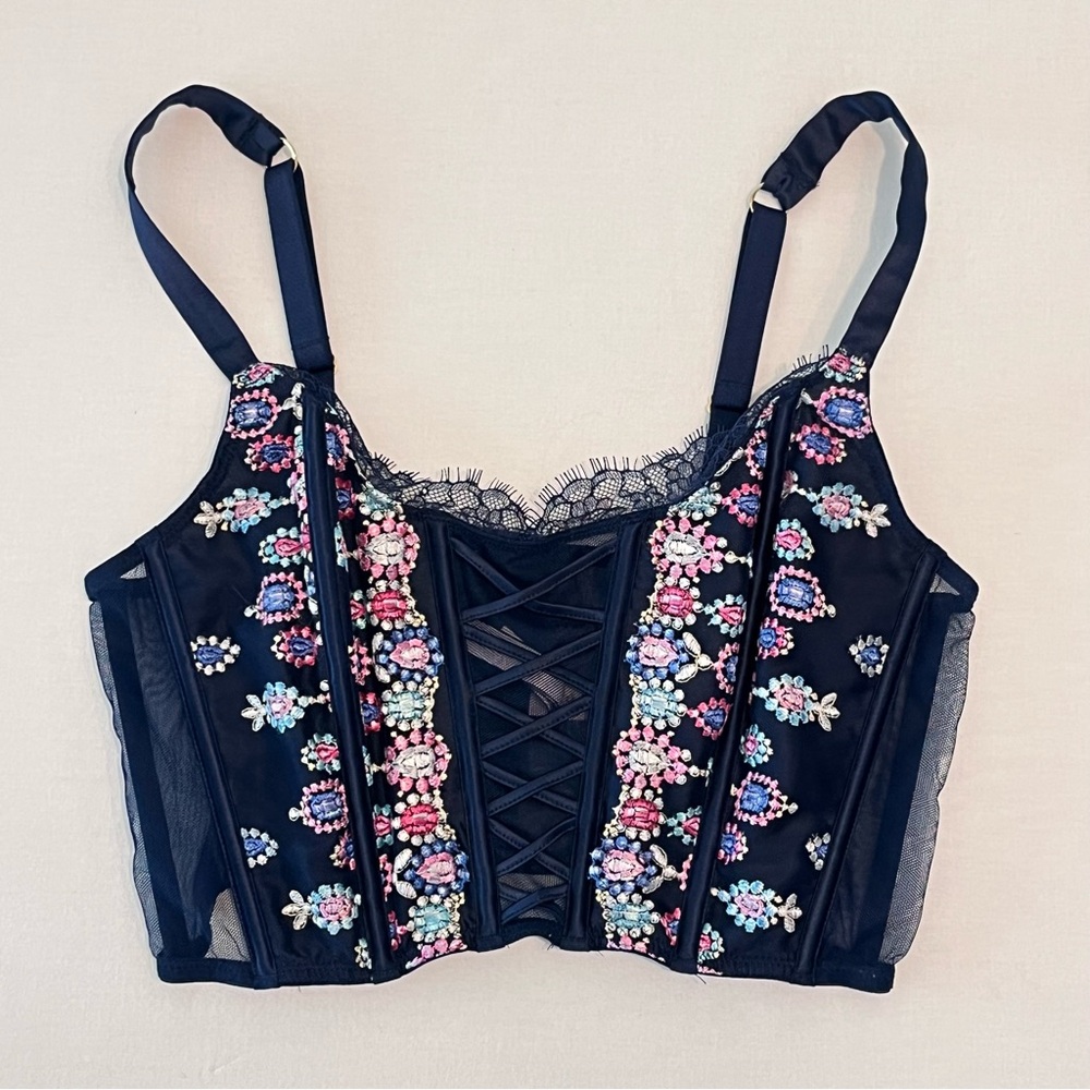Victoria’s Secret Dream Angel Navy Floral Sheer Unlined Lace-Up Corset Top Bra M
